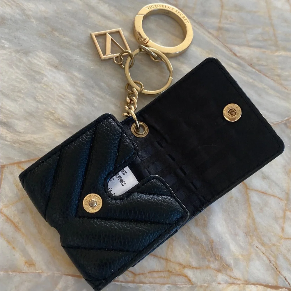 Victorias Secret Black Quilted Mini Pouch Keychain Gold V Logo Charm Case